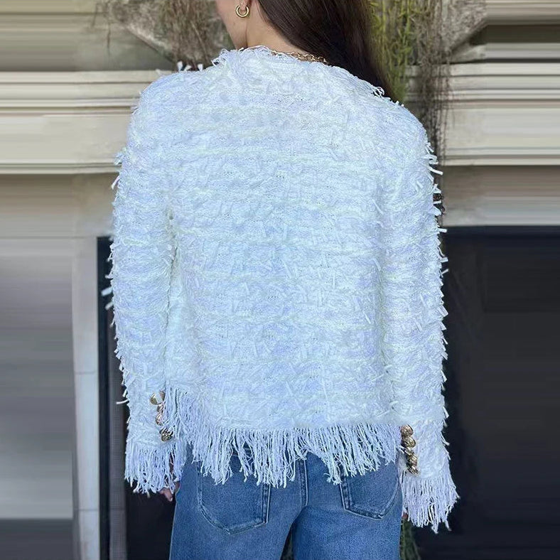 Bellemont™ Jacket in Premium Bouclé with Delicate Fringes and Metallic Buttons / Where Classic Meets Contemporary!