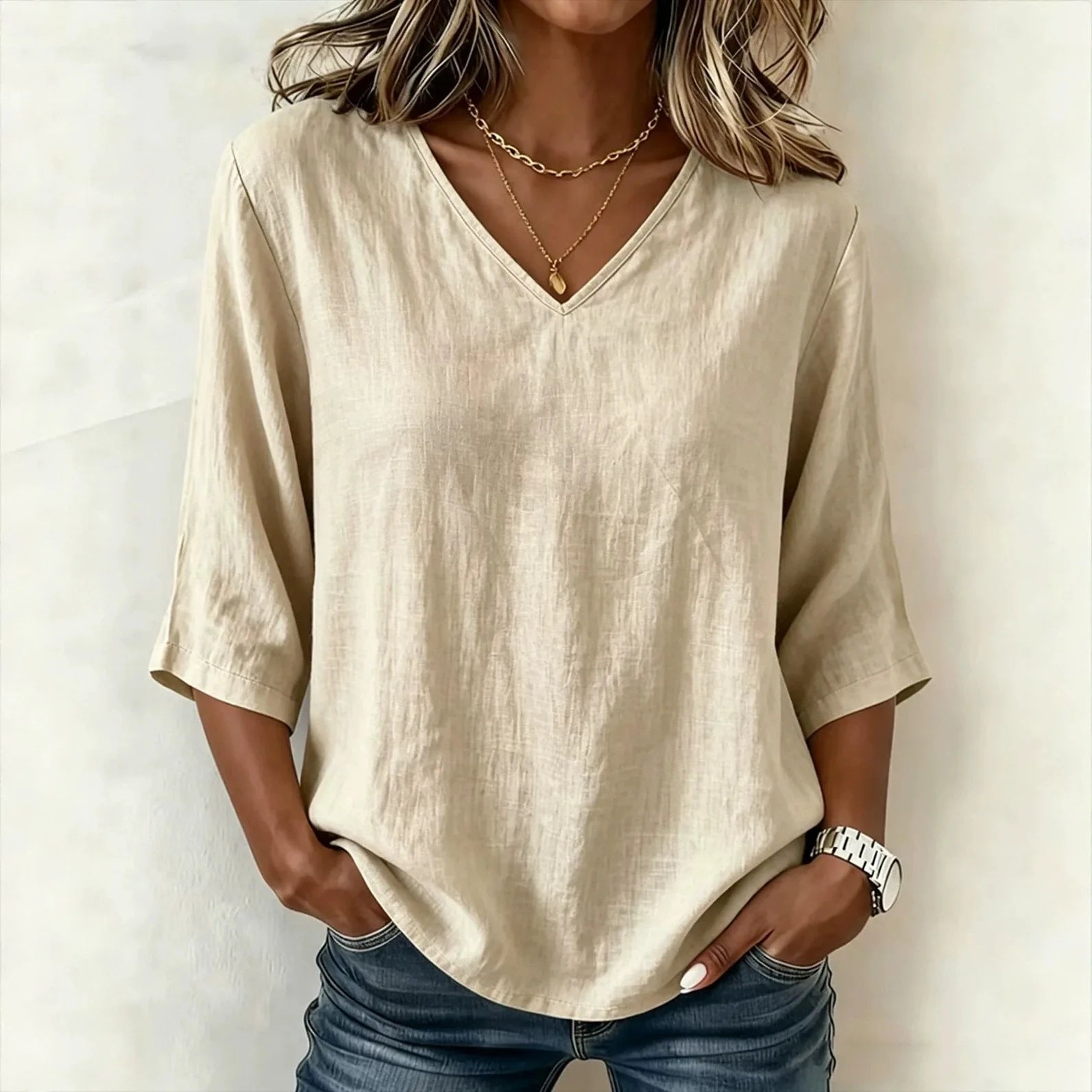 Blouse Abigail™ Cotton Linen with V-Neck and Three-Quarter Sleeves