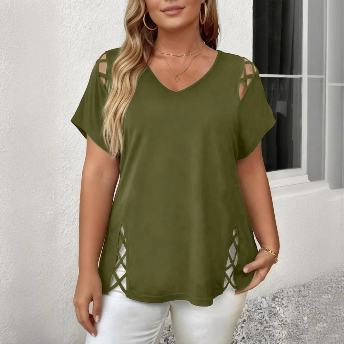 Caliria™ V-Neck Blouse with Shoulder and Side Cutout Details