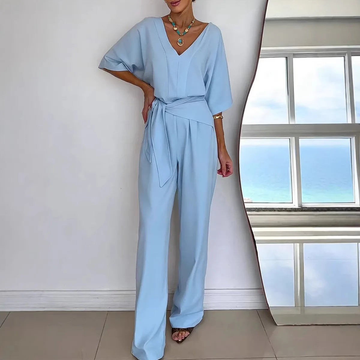 Jumpsuit Brianna™ with V-Neck, Tie Waist and Wide-Leg Fit