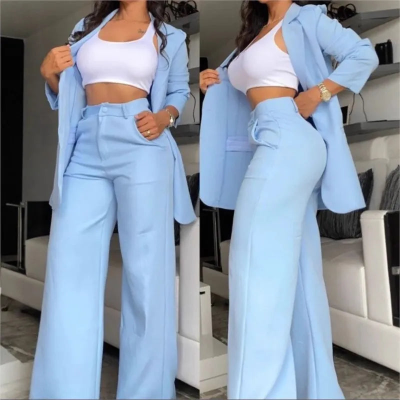 Marcelle™ Women's Blazer and Wide-Leg Pants Set with High-Waisted Design