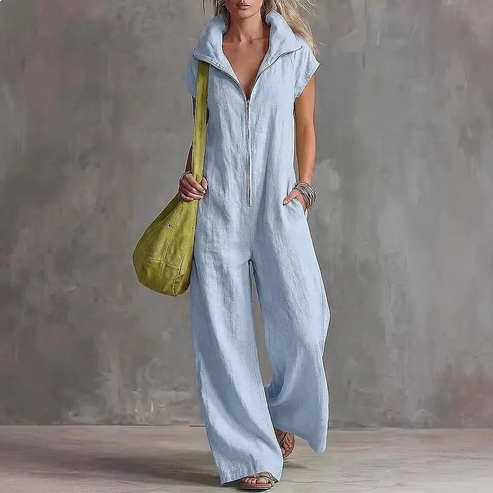 Orlina™ Cotton-Linen Jumpsuit with Front Zipper and High Collar