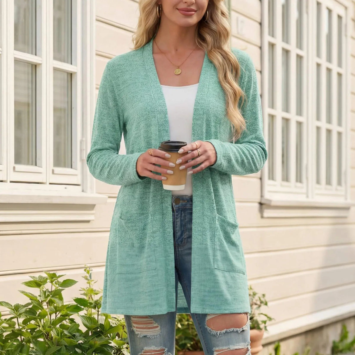 Cardigan Vivian™ with Open Front, Patch Pockets and Long Sleeves