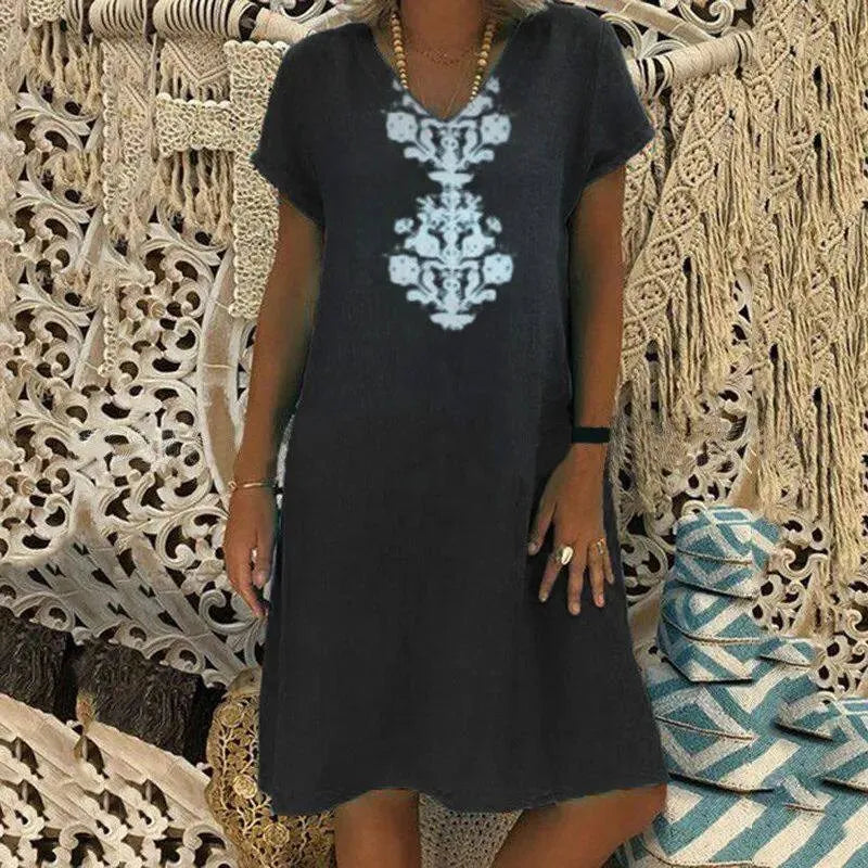Zarelle™ Cotton Midi Dress with Ornamental Print and Relaxed Fit / Refreshing Sophistication That Flatters Your Figure in Style