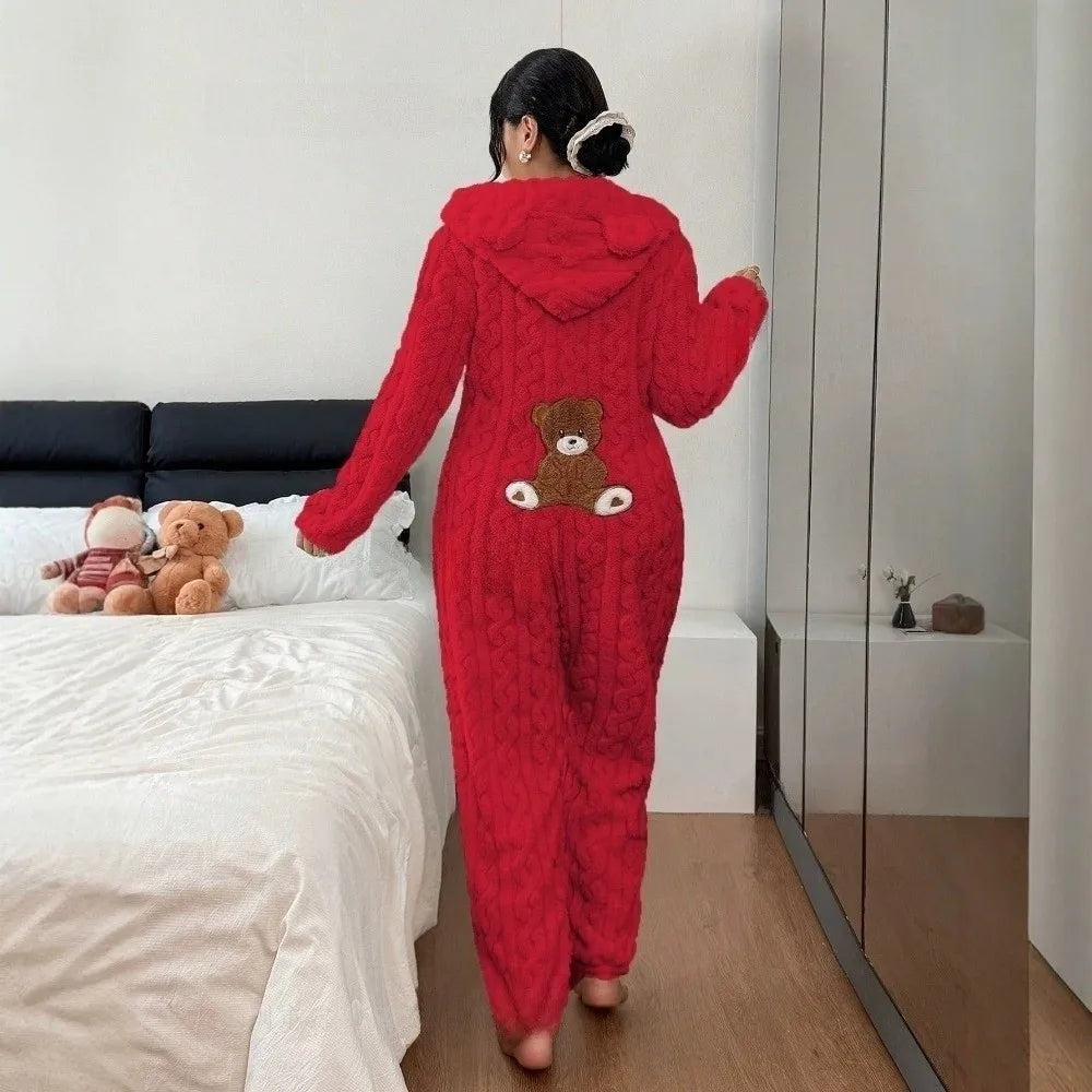 Ursina™ Plush Hooded Jumpsuit with Bear Ears and Teddy Bear Appliqué