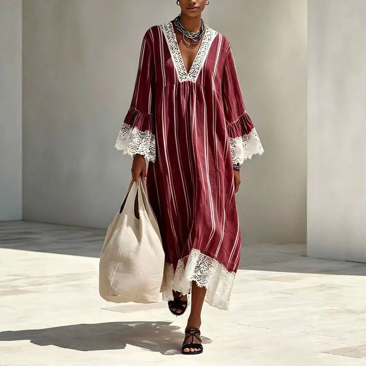 Lysandra™ Dress with Delicate Vertical Stripes and Contrast Lace Trim