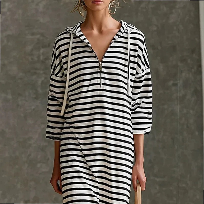 Viona™ Striped Midi Dress with Hood and Metallic-Zip V-Neckline