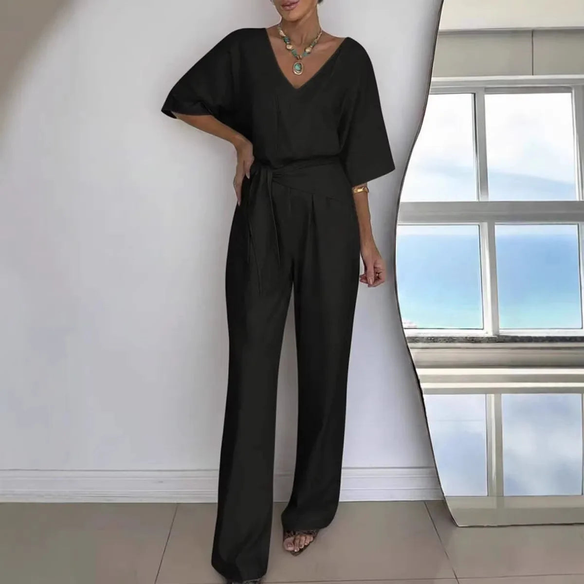 Jumpsuit Brianna™ with V-Neck, Tie Waist and Wide-Leg Fit