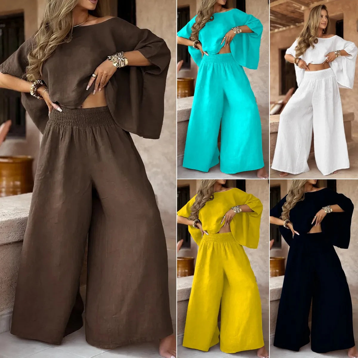 Horizon™ Set in Cotton Linen with Bat Sleeves and High Waist / The Sophistication of a Style that Breathes Lightness!