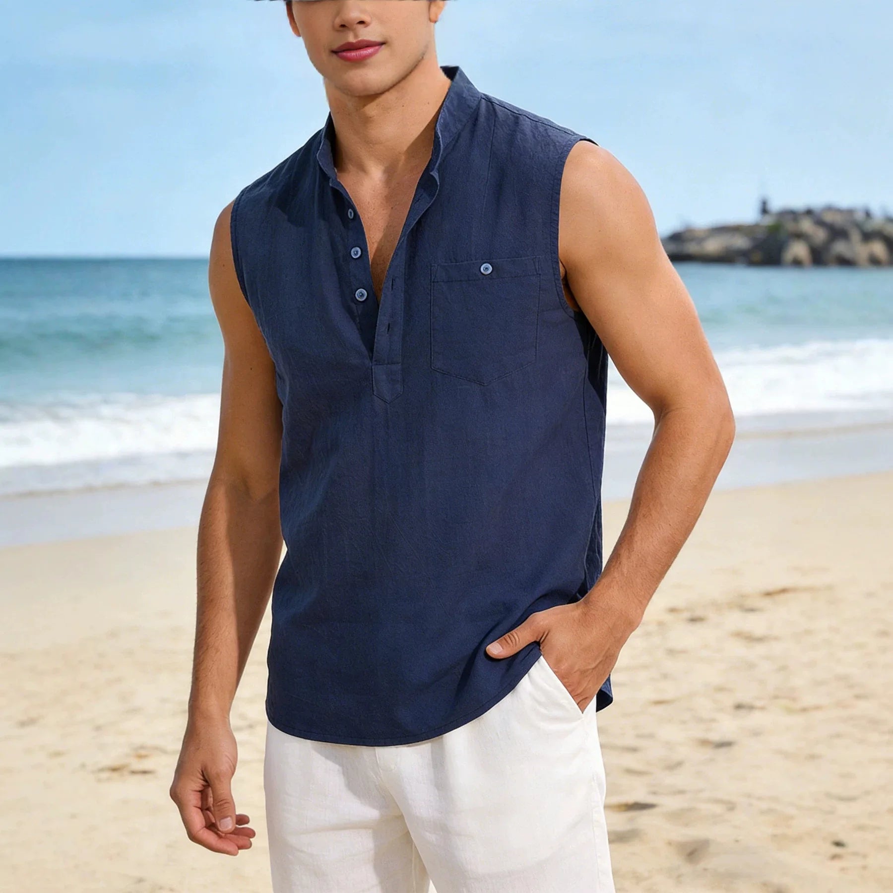 Sebastien™ Cotton Linen Sleeveless Shirt with Mandarin Collar