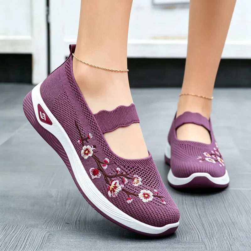 Rosalie™ Mary Jane Sneakers with Breathable Knit and Floral Embroidery