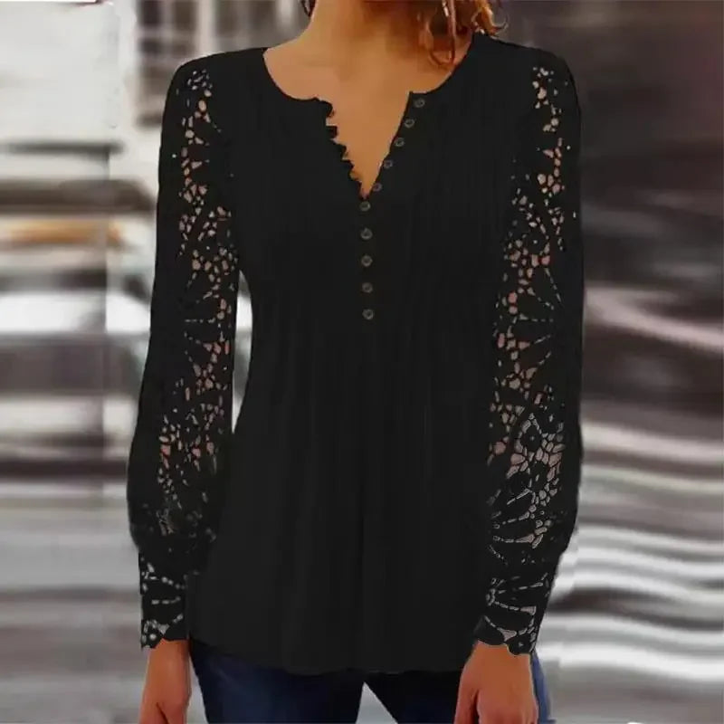 Verenice™ Blouse with Sheer Floral Lace Sleeves and Delicate Bust Pleats
