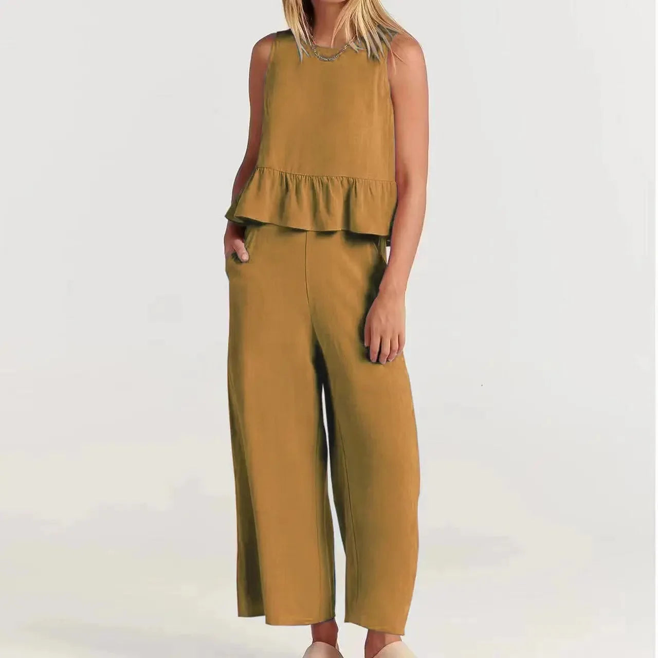 Agatha™ Mixed Linen Set with Ruffles and Wide-Leg Pants / Elegant Minimalism for Stylish Women!