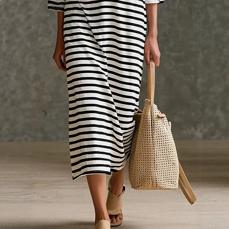Viona™ Striped Midi Dress with Hood and Metallic-Zip V-Neckline