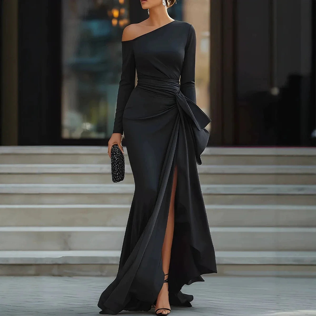 Vivienne™ Dress with Asymmetric Neckline, Draped Waist and Front Slit