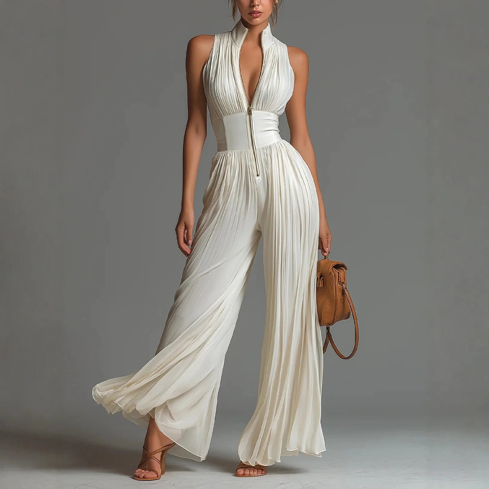 Aureliah™ Jumpsuit with Metallic Front Zipper and Defined Waist