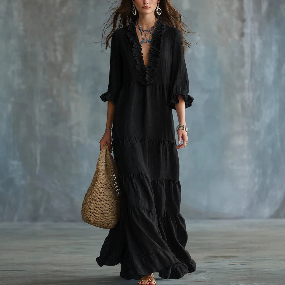 Elviane™ Long Dress with Ruffled V-Neck, Tiered Skirt and 3/4 Sleeves