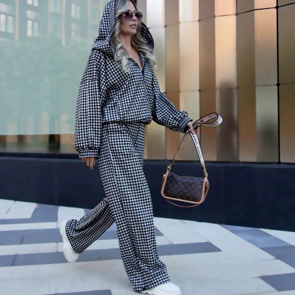 Maddalena™ Set with Oversized Hooded Top, Wide-Leg Pants and Minimalist Check Print