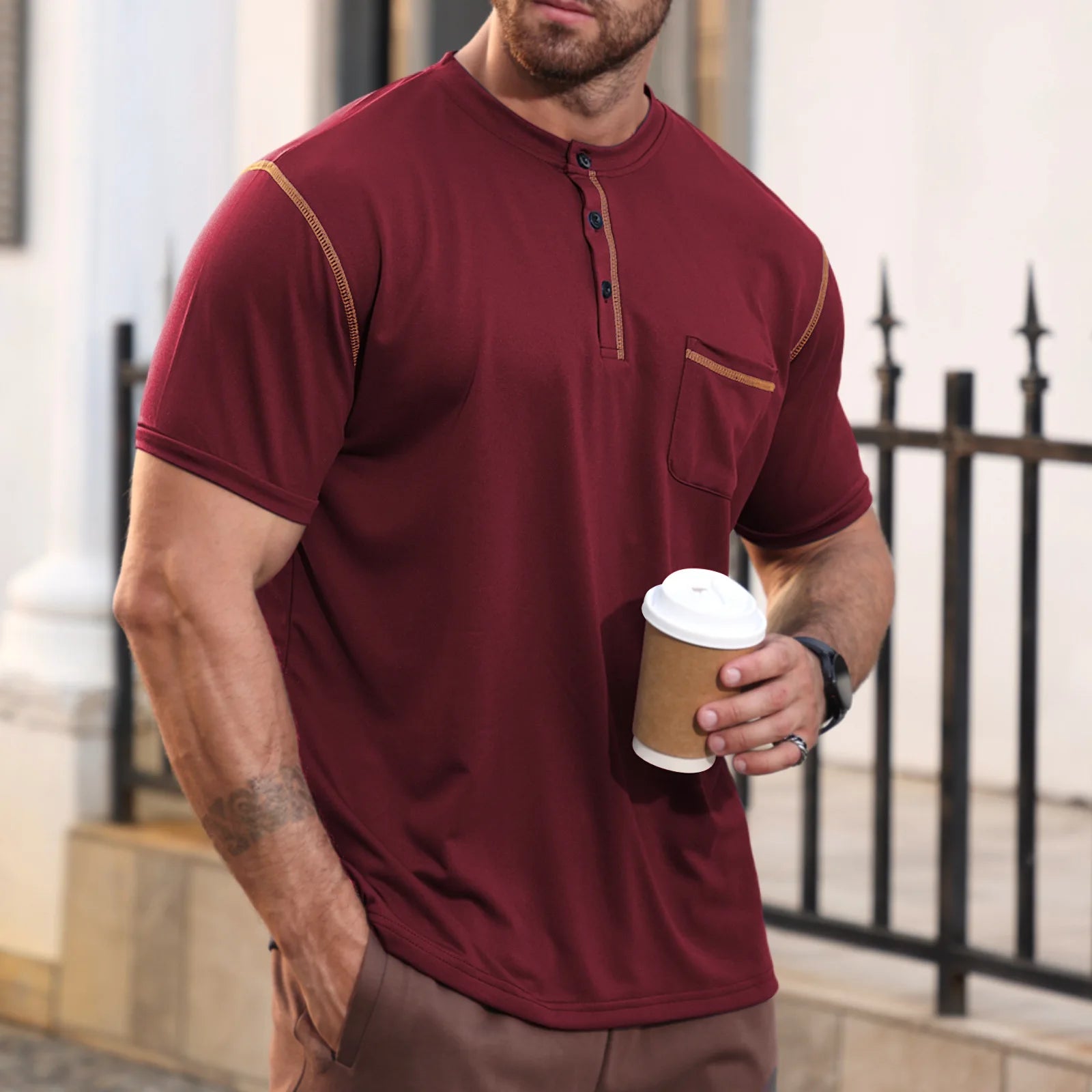 Tavren™ Casual Shirt with Mandarin Collar and Contrast Trim
