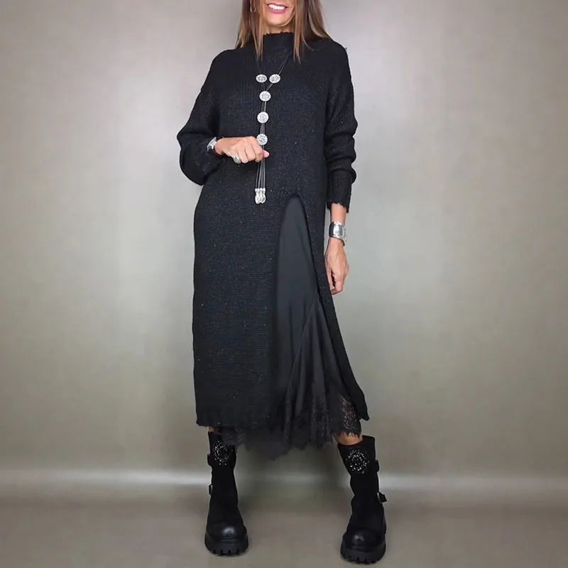 Valérie™ Set with Charming Satin Dress and Long Handcrafted Knit Sweater / Timeless Sophistication in Every Detail!