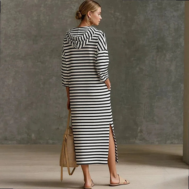 Viona™ Striped Midi Dress with Hood and Metallic-Zip V-Neckline
