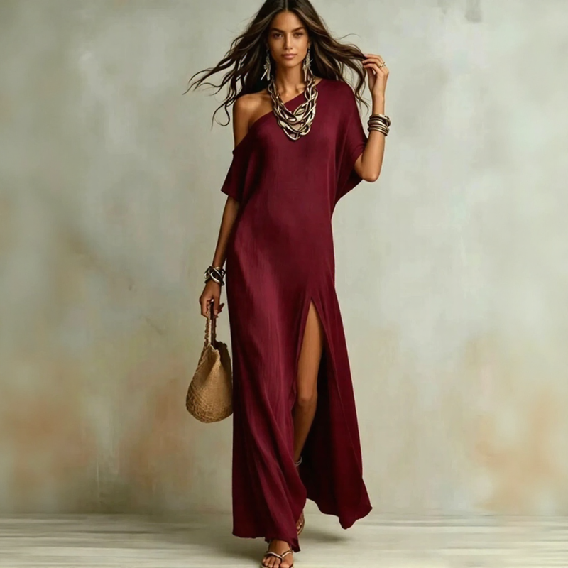 Velmara™ Dress with Asymmetrical Neckline and Elegant Front Slit