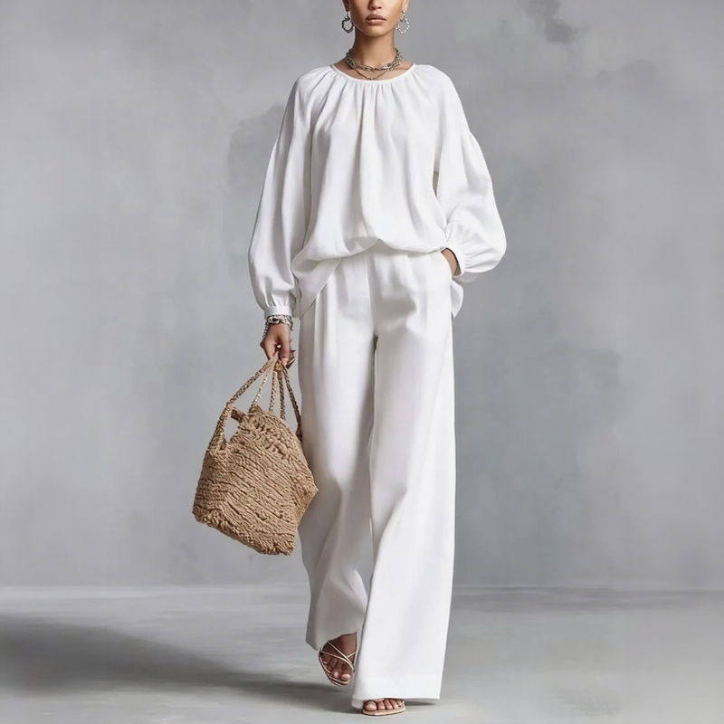 Valdora™ Two-Piece Set with Puff Sleeve Blouse and Wide-Leg Pants