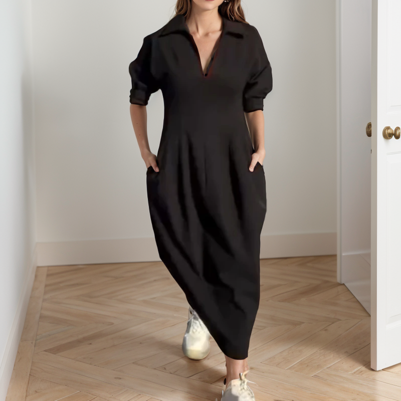 Ravenna™ Dress with Chemise Neck and Structured Midi Fit / Where Minimalism Meets Urban Elegance!