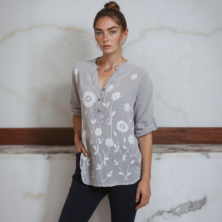 Raniero™ Shirt in Cotton Linen with Delicate Floral Embroidery / Handcrafted Sophistication that Transforms Casual into Elegant!