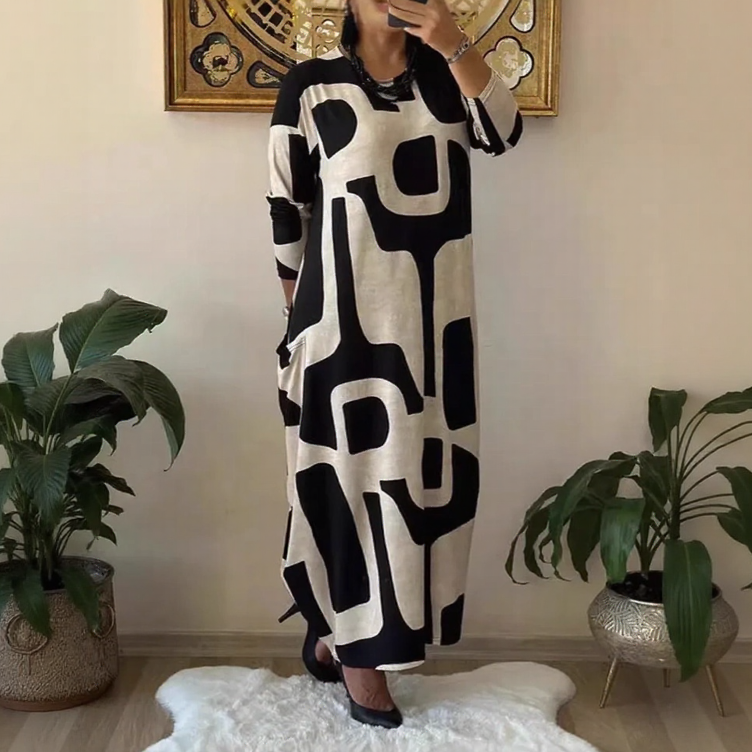 Leonora™ Dress in Textured Knit with Striking Geometric Print / Artistry and Comfort in Every Movement!