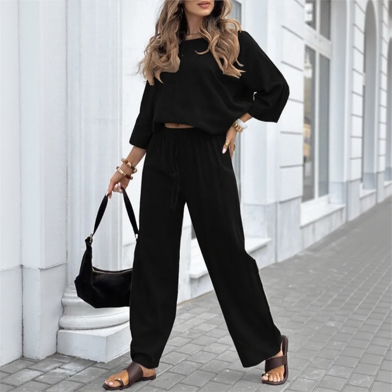 Maeva™ Cotton Linen Set with Casual Blouse and Straight-Leg Pants / Modern Versatility at its Most Chic!