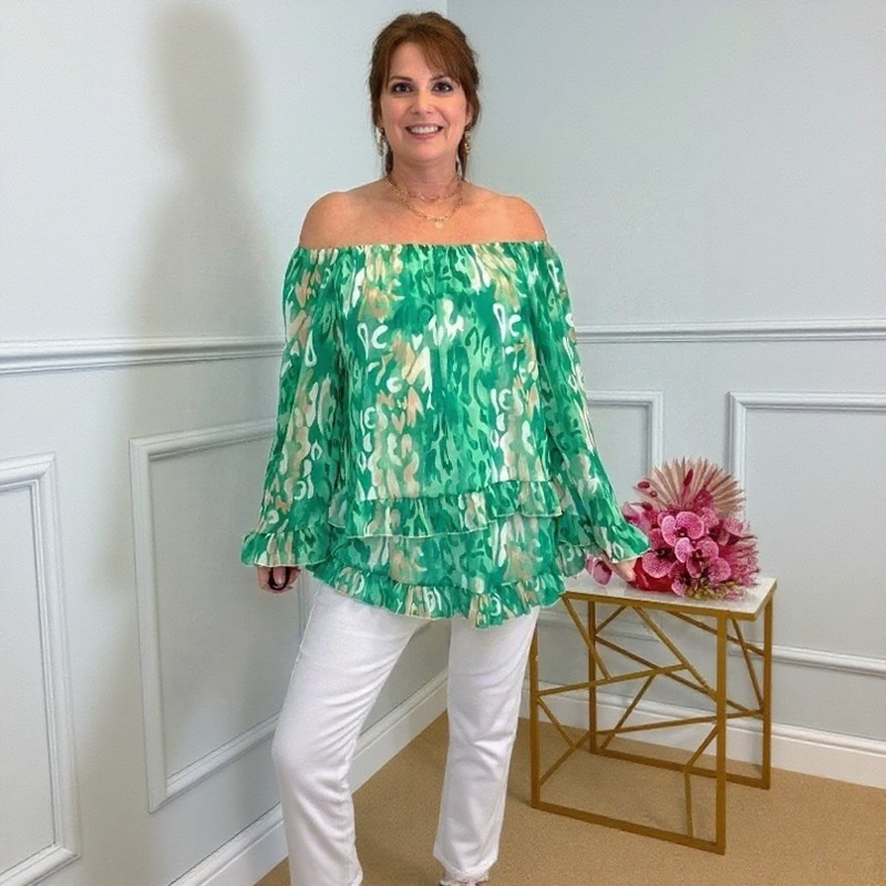 Bellagio™ Off-the-Shoulder Blouse with Layered Ruffles and Artistic Print / Sophistication and Lightness in Perfect Harmony!