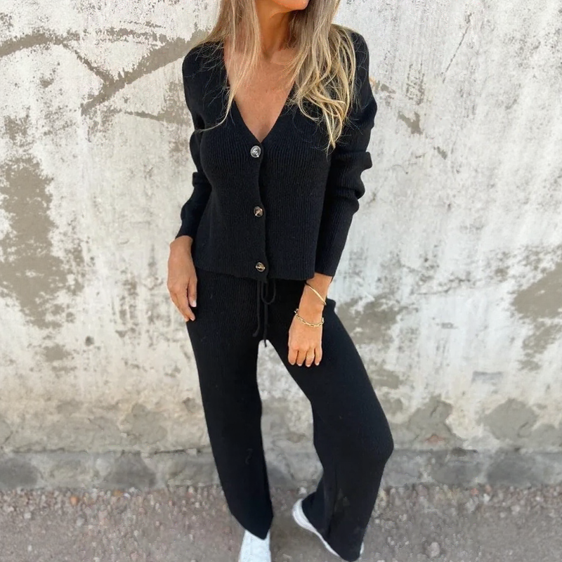 Allure™ Ribbed Knit Set with Button-Down Cardigan and High-Waisted Pants / Comfortable Sophistication from Dawn to Dusk!