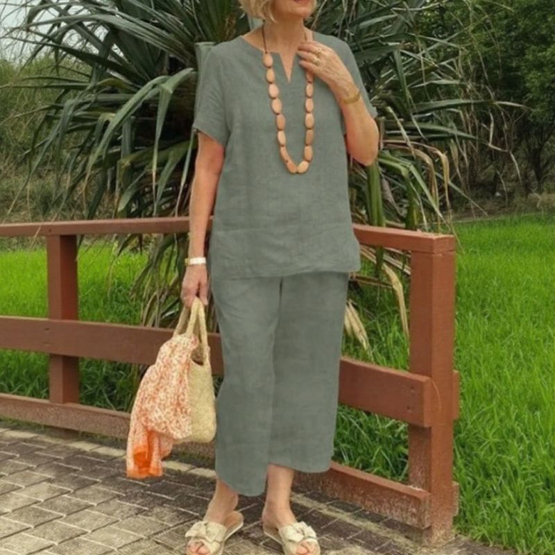 Emma™ Cotton-Linen Set with Split V-Neck