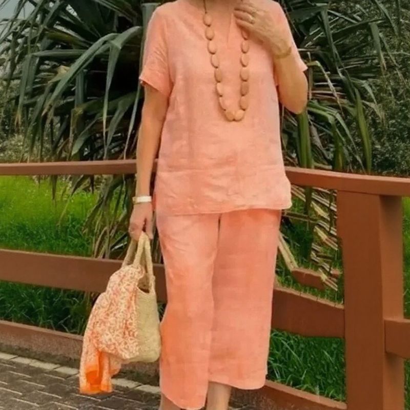 Emma™ Cotton-Linen Set with Split V-Neck