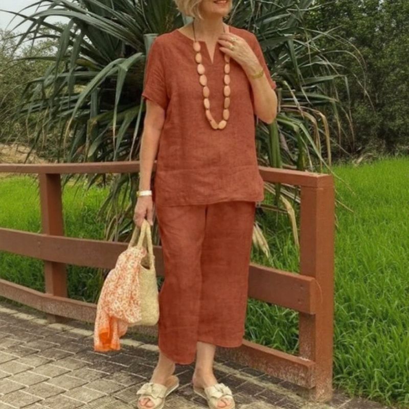 Emma™ Cotton-Linen Set with Split V-Neck