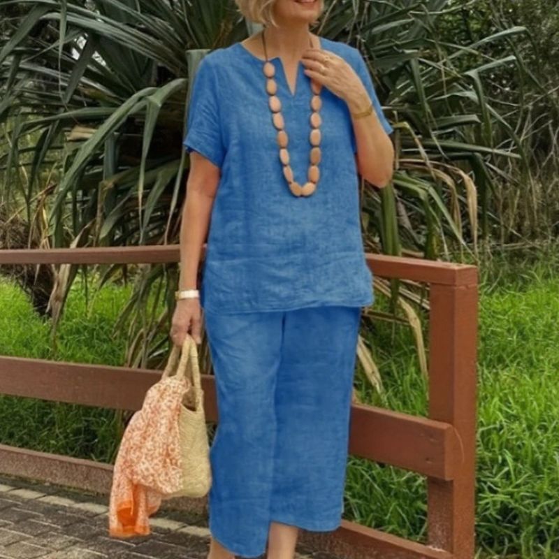 Emma™ Cotton-Linen Set with Split V-Neck