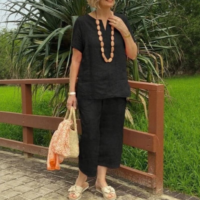 Emma™ Cotton-Linen Set with Split V-Neck