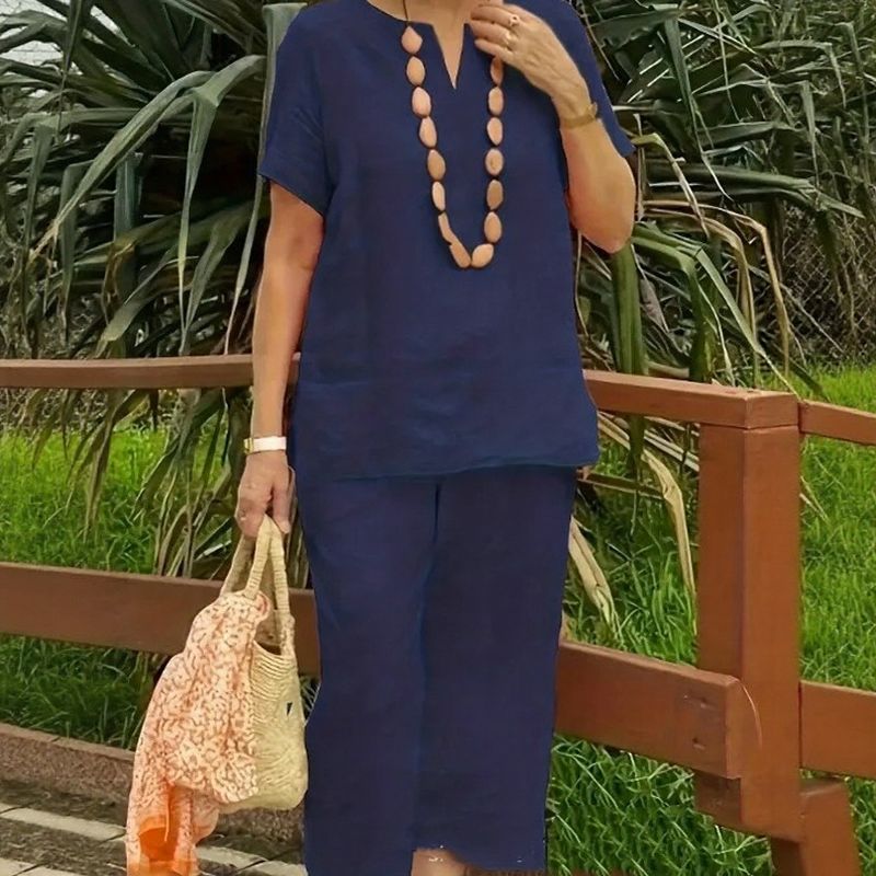 Emma™ Cotton-Linen Set with Split V-Neck