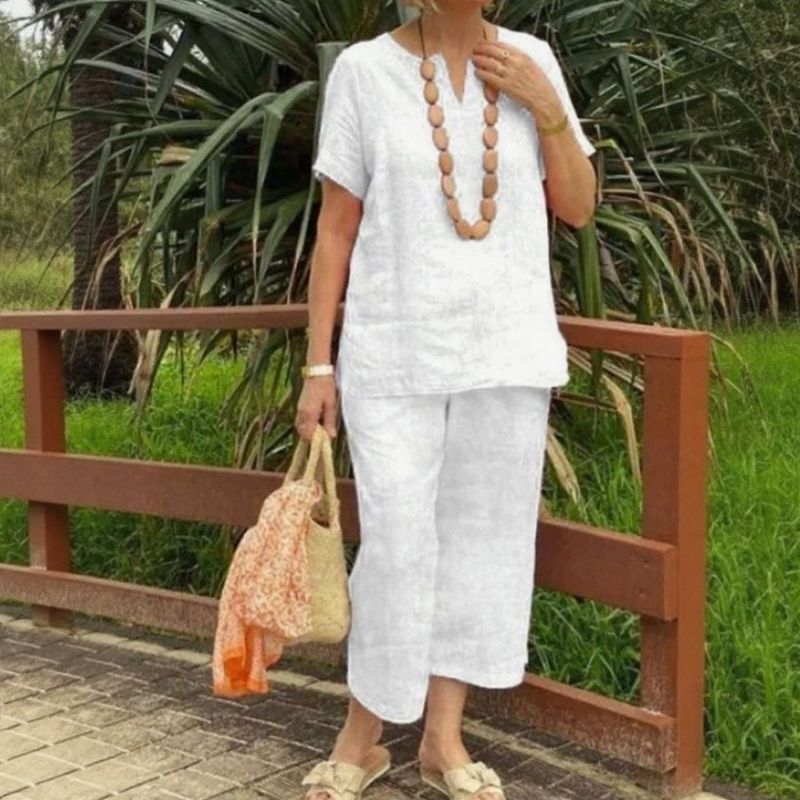 Emma™ Cotton-Linen Set with Split V-Neck