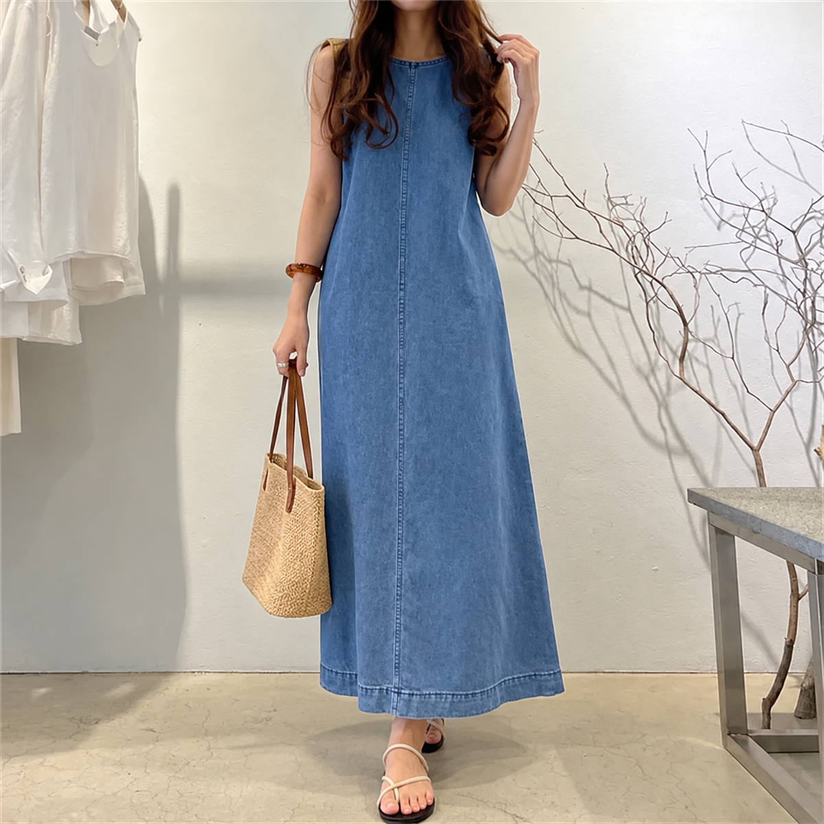 Maelina™ Denim Dress with Relaxed Fit, Side Pockets and Wide Straps