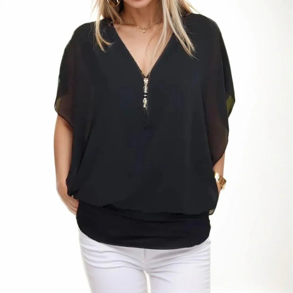 Amara™ Top in Elastic Knit with Zipper / Touch of Elegance and Comfort for Your Day!