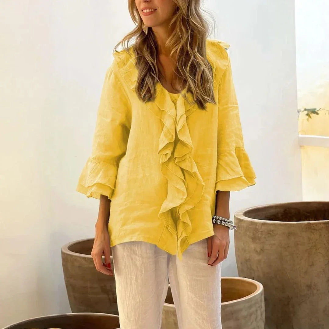 Belle Étoile™ Blouse in Cotton Linen with French Ruffles / Classic Elegance with a Touch of Sophistication!