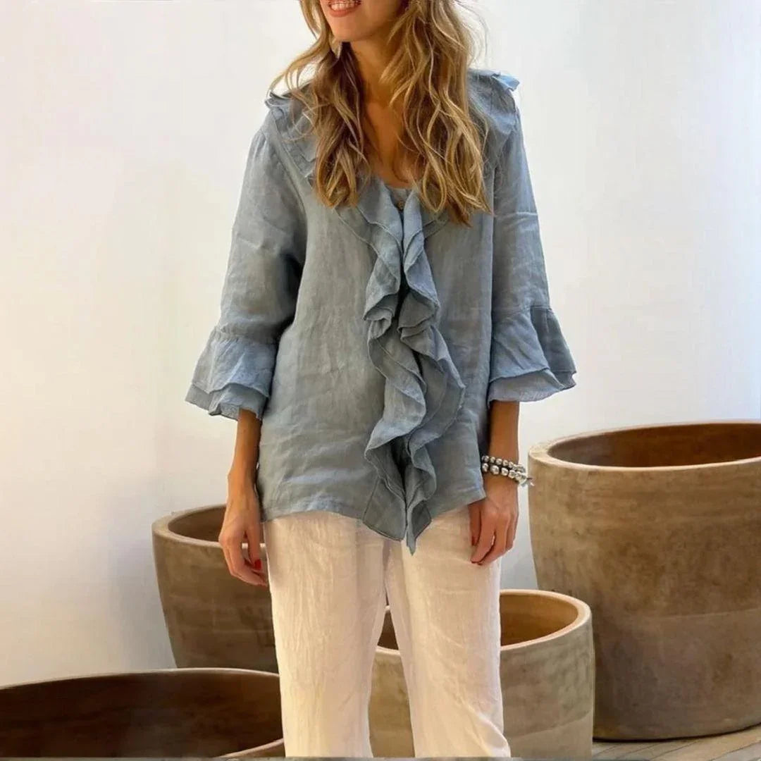Belle Étoile™ Blouse in Cotton Linen with French Ruffles / Classic Elegance with a Touch of Sophistication!