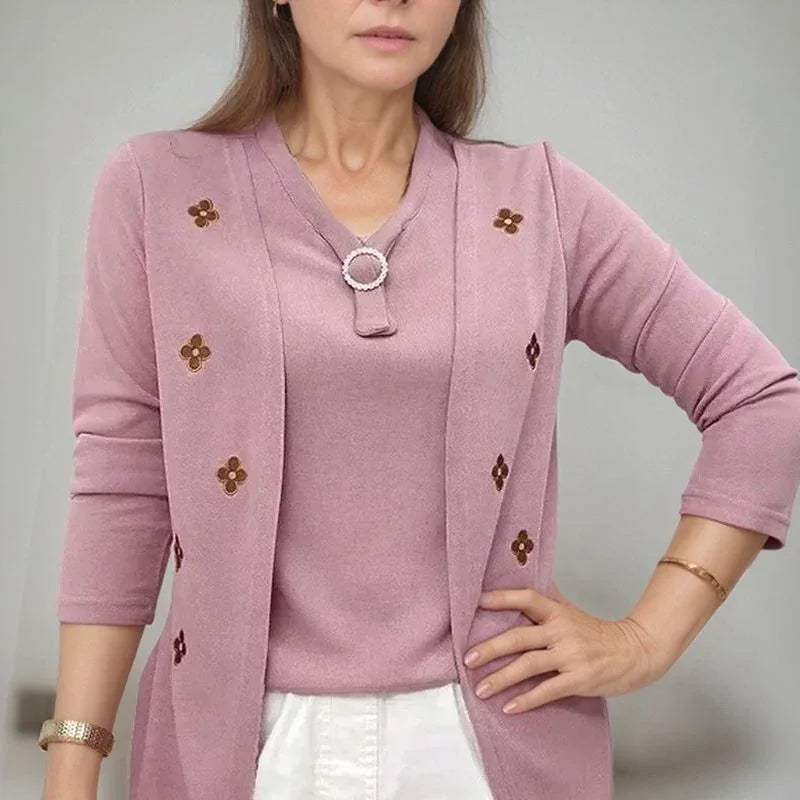 [🔥Last Day of the Promotion – Buy 1, Get 1 FREE!]  Cécile™ Cardigan Blouse with Overlapping Effect and Floral Applique / French Elegance for Women of Good Taste!