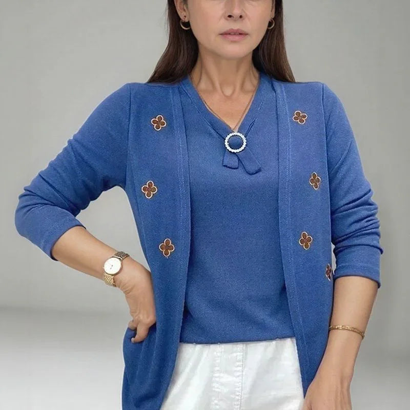 [🔥Last Day of the Promotion – Buy 1, Get 1 FREE!]  Cécile™ Cardigan Blouse with Overlapping Effect and Floral Applique / French Elegance for Women of Good Taste!