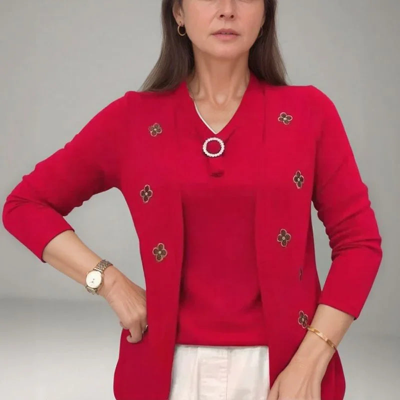 [🔥Last Day of the Promotion – Buy 1, Get 1 FREE!]  Cécile™ Cardigan Blouse with Overlapping Effect and Floral Applique / French Elegance for Women of Good Taste!