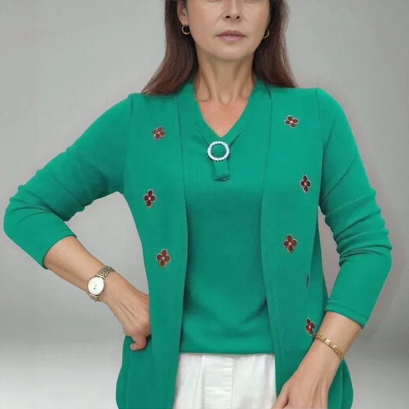 [🔥Last Day of the Promotion – Buy 1, Get 1 FREE!]  Cécile™ Cardigan Blouse with Overlapping Effect and Floral Applique / French Elegance for Women of Good Taste!