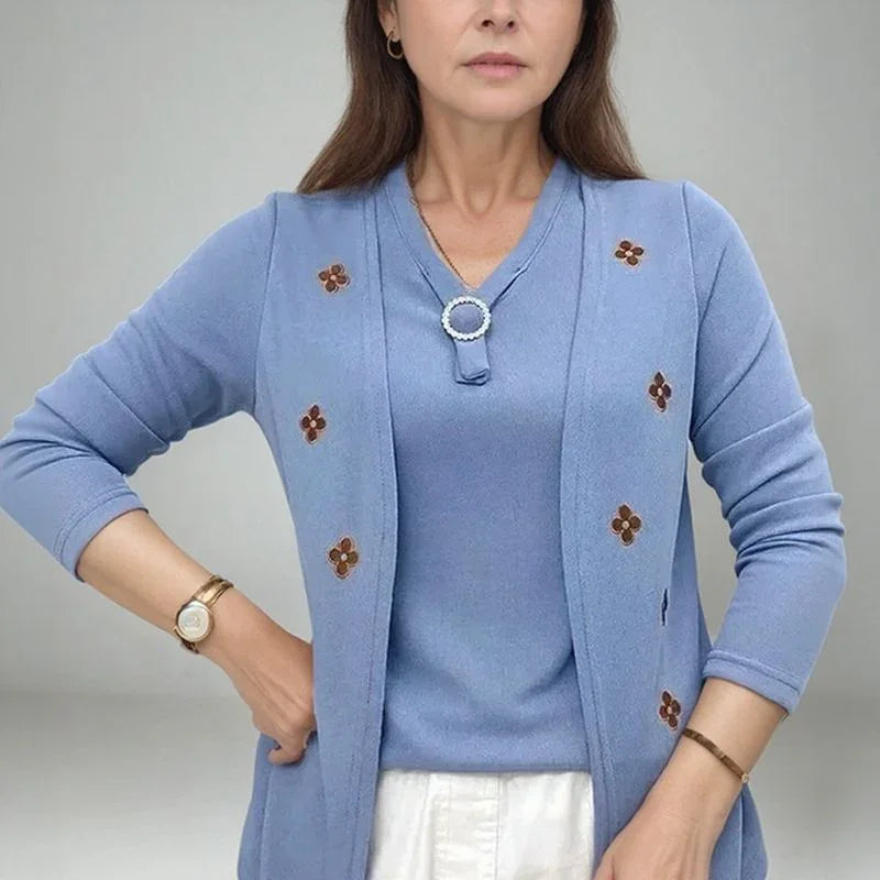 [🔥Last Day of the Promotion – Buy 1, Get 1 FREE!]  Cécile™ Cardigan Blouse with Overlapping Effect and Floral Applique / French Elegance for Women of Good Taste!