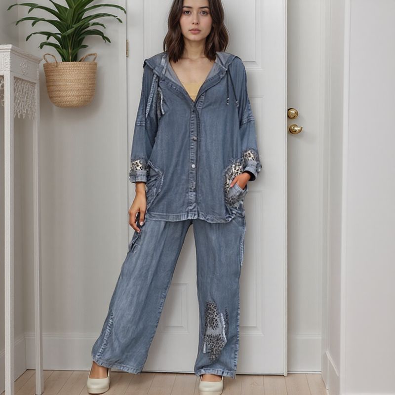 Leona Grace™ Set in Washed Denim with Leopard Print / A Wild, Sophisticated, and Unusual Look!
